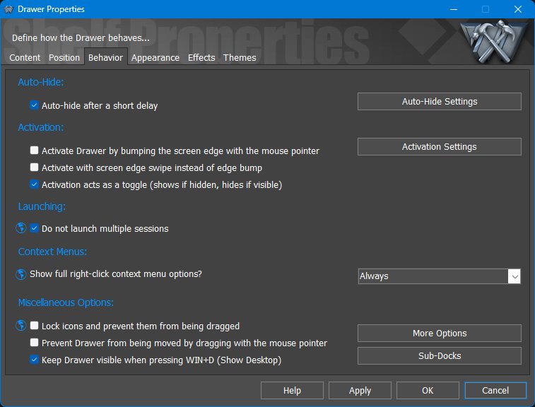 Drawer Properties - Behavior tab