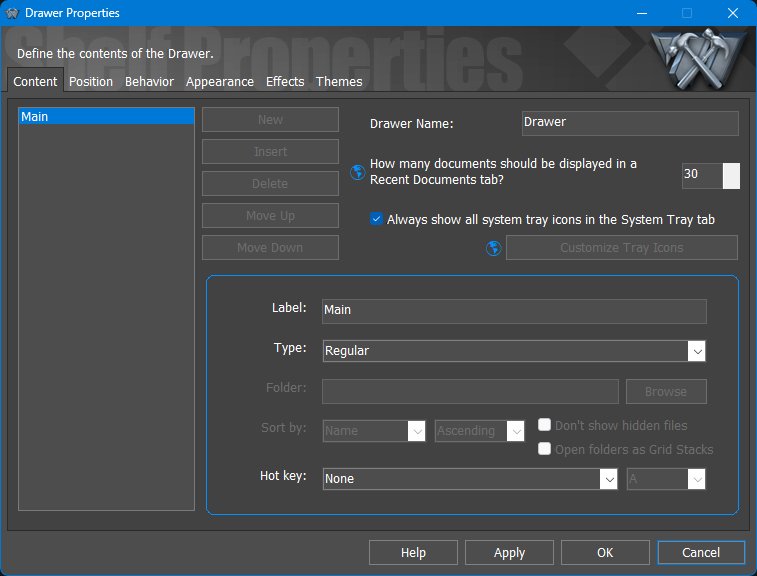 Drawer Properties - Content tab