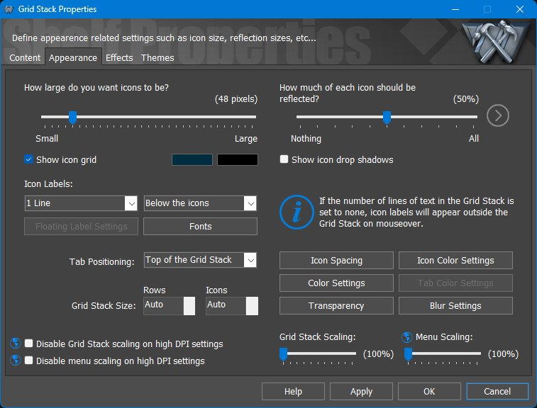 Grid Stack Properties - Appearance tab