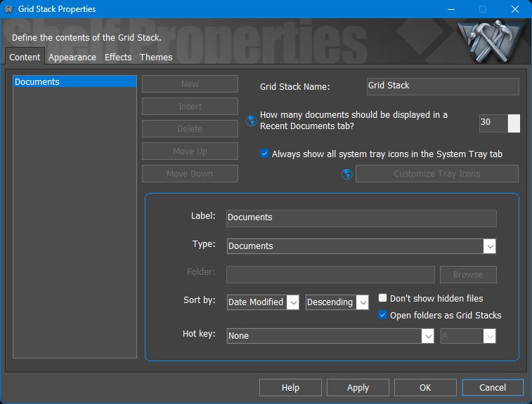 Grid Stack Properties - Content tab