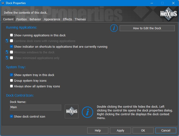 Dock Properties - Content tab