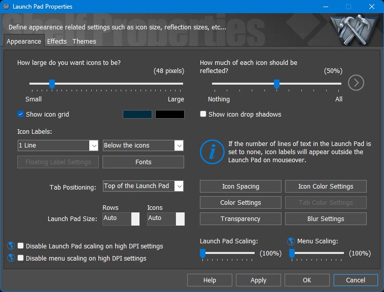 Launch Pad Properties - Appearance tab