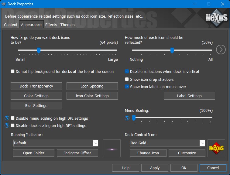 Sub-Dock Properties - Appearance tab